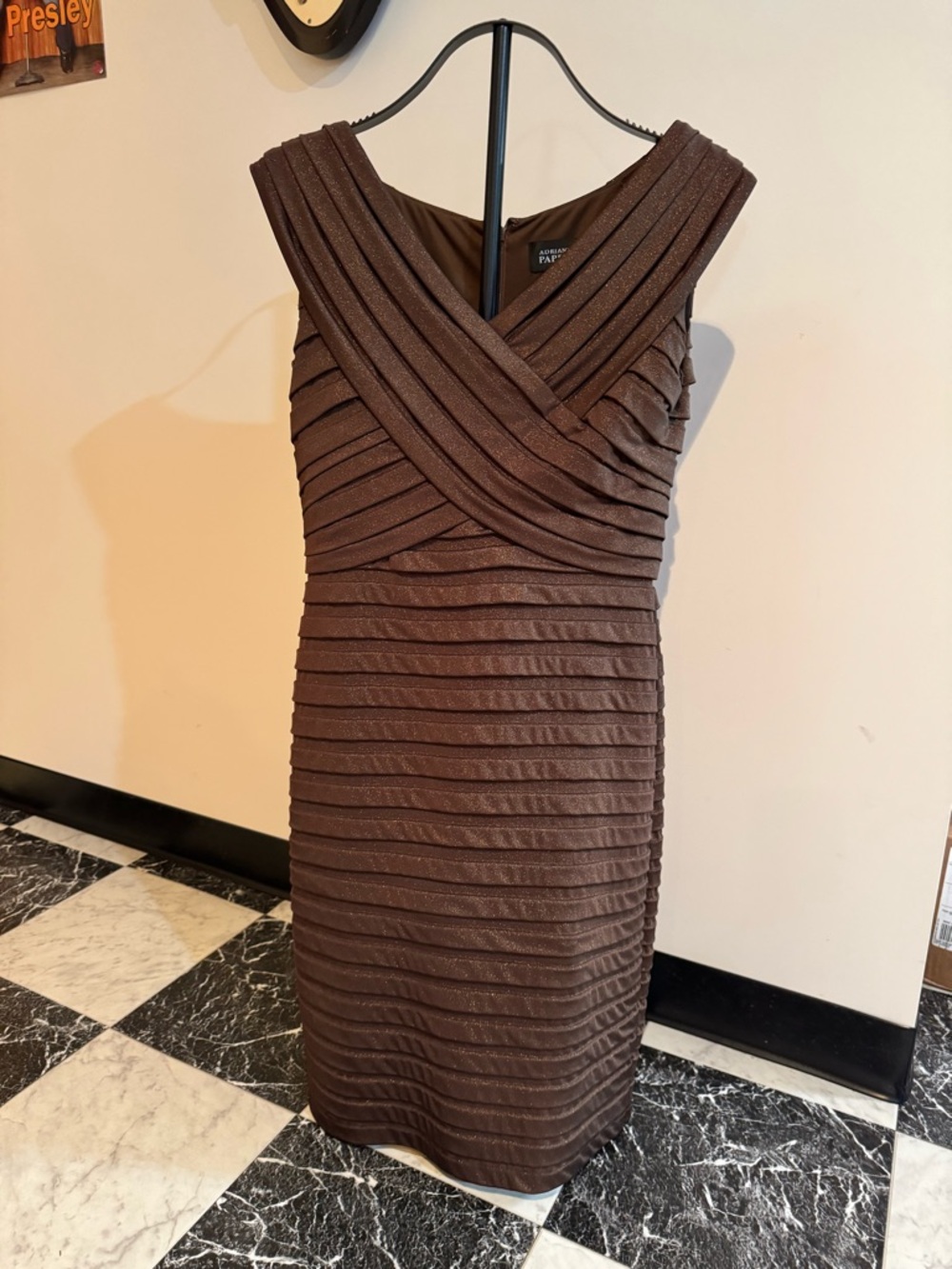 Adrianna Papell Brown Pleated Sheath Midi Dress